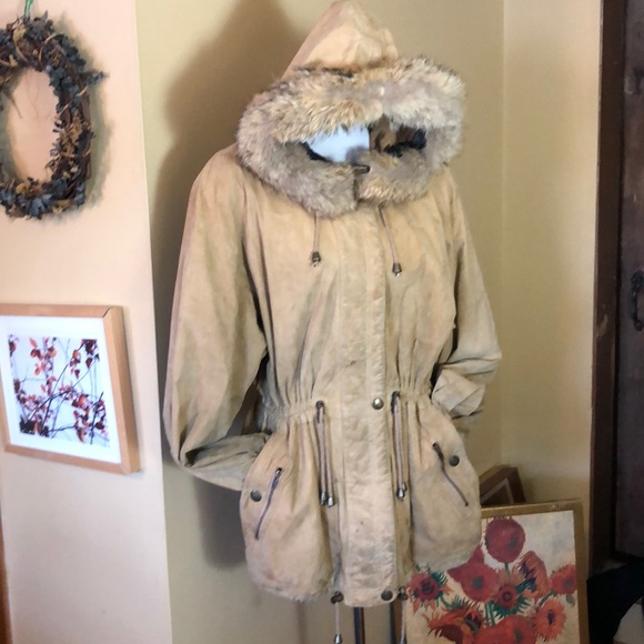 Shea Paris Vail size 14 Suede Leather & Fur Parka Made in USA Cinched Waist Tan - Picture 2 of 16